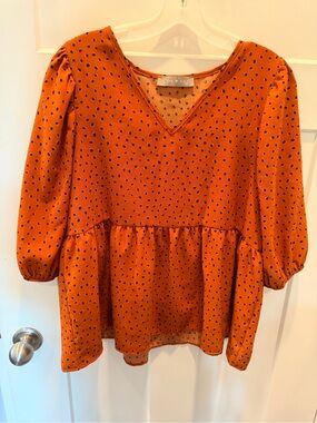 Pixi + Ivy Rust Polka Dot Babydoll Blouse Large Puff Sleeve Top